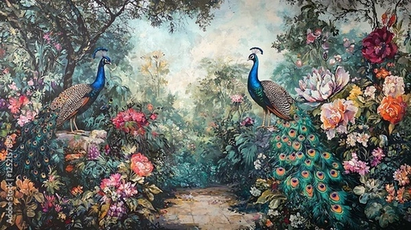 Fototapeta Timeless Roman garden mural featuring a forest backdrop, peacocks, and vibrant floral patterns