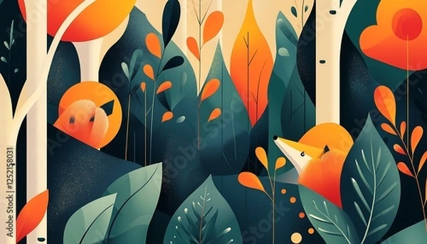 Fototapeta Illustrated poster foxes with bouffant tails in an abstract forest using basic geometric forms, Swiss design
