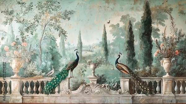 Fototapeta A luxurious Roman- mural a forested garden, featuring peacocks, birds, and classical flower vases