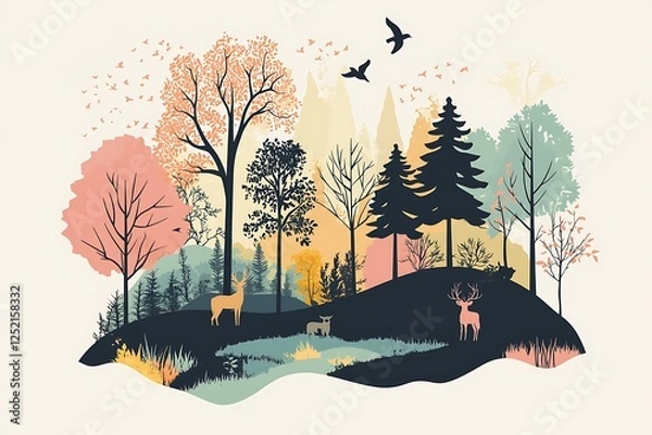 Fototapeta Poster on sustainable forestry with abstract geometric representation tree planting and wildlife