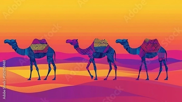 Fototapeta Illustrated poster camels with geometric patterns in their humps crossing a vibrant desert at sunset, Swiss design