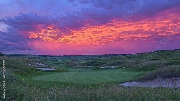 Obraz Dramatic golf course sunset landscape