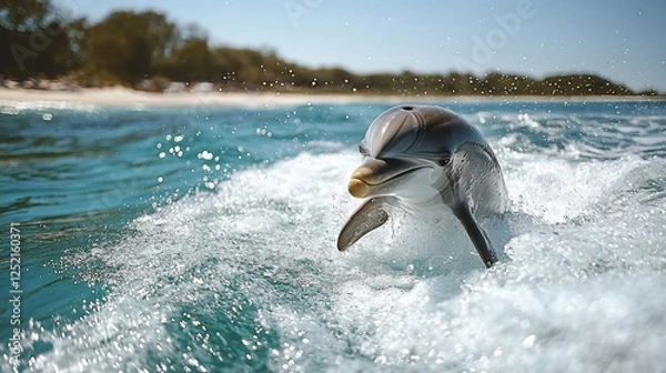 Obraz Dolphin leaping in ocean waves, beach background, wildlife, nature, photo
