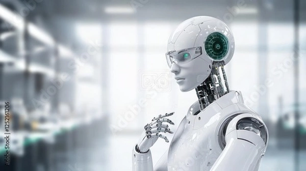 Fototapeta Modern White Robot Analyzing Data In Laboratory