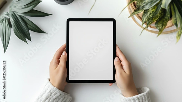 Fototapeta hands holding blank horizontal tablet mock up isolated on white   background