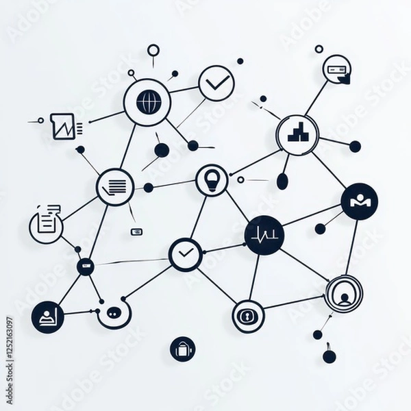 Fototapeta Connected black and white network of icons and nodes