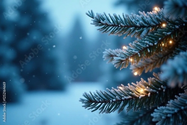 Fototapeta Frosty fir branches adorned with delicate fairy lights against a blue winter sky, frozen forest, twinkle, fairies