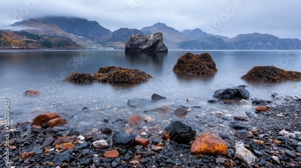 Fototapeta Misty Coastal Rocks, Calm Water, Foggy Mountains, Scenic View, Coastal Scenery, Tranquil Atmosphere, Tranquil Scene, Nature Photography