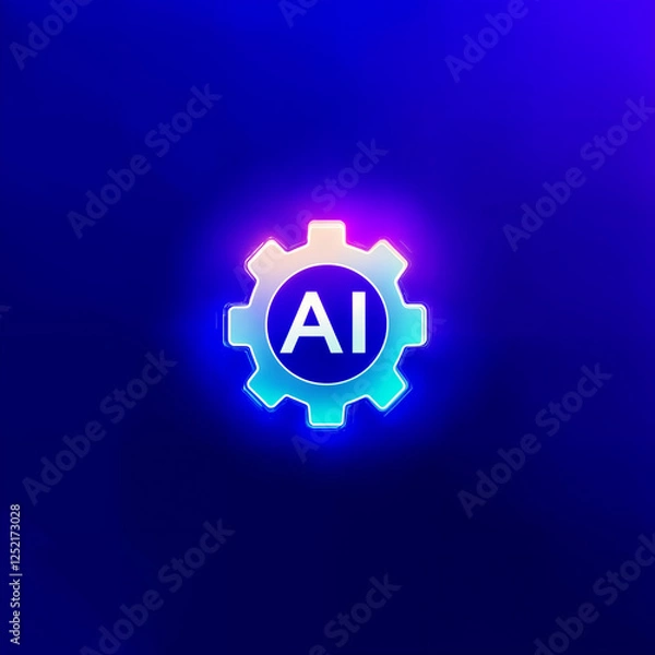Fototapeta Futuristic glowing AI icon inside a gear symbol with a vibrant gradient on a blue background. Ideal for tech, innovation, machine learning, and automation-themed projects.