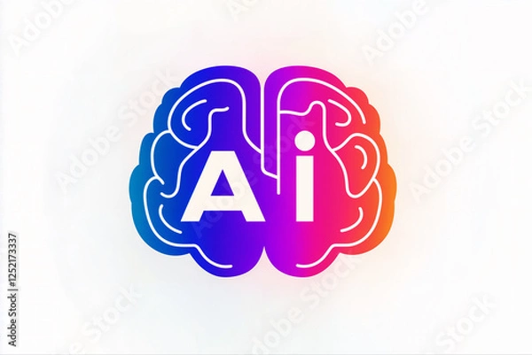 Obraz Stylized brain icon with gradient colors and "AI" lettering, symbolizing artificial intelligence, neural networks, and machine learning. Modern, minimalistic design on a white background.
