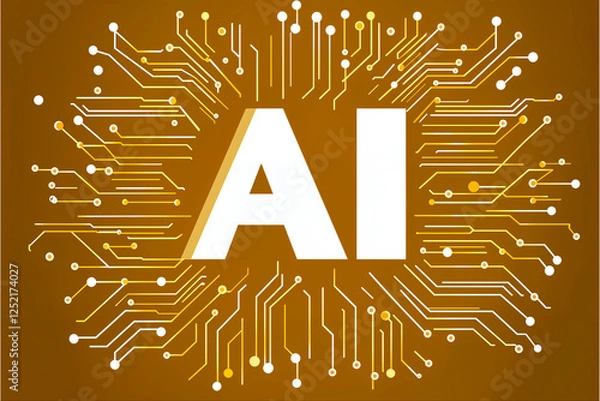 Fototapeta Bright AI letters in the center of a circuit board illustration on an gold background. Artificial Intelligence Concept with Circuit Design on gold Background