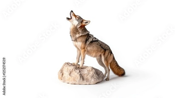 Fototapeta Howling Coyote on a Rock Against a White Background
