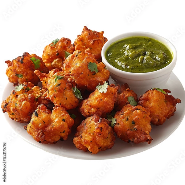 Fototapeta Fried pakoras with green chutney, crispy Iftar snacks, isolated on transparent background, png