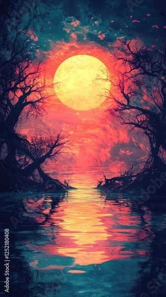 Fototapeta Full moon illuminates a tranquil lake bordered by trees