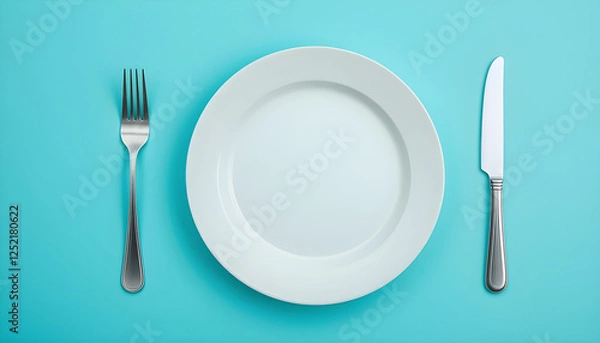 Fototapeta Simple Table Setting with White Plate, Fork and Knife on Turquoise Background