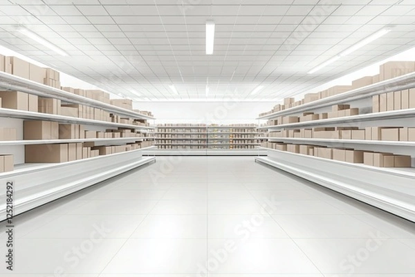 Obraz Empty supermarket aisle, boxes on shelves, bright lighting, clean floor, retail stock photo