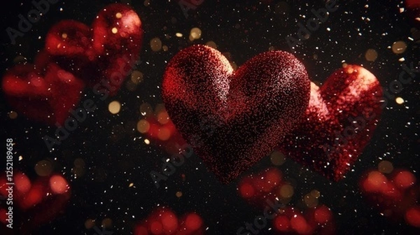 Fototapeta Shimmering Red Hearts with Glitter and Bokeh Background for Love
