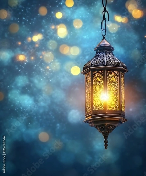 Fototapeta Illuminated Intricate Metal Lantern Hanging Against a Blue Bokeh Background