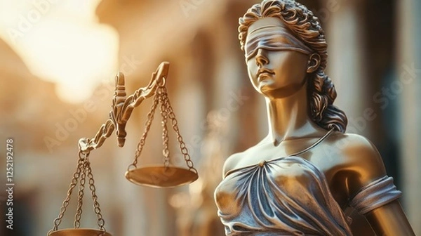 Fototapeta Bronze Lady Justice Statue Holding Scales of Justice Against Blurred Classical Architecture Background