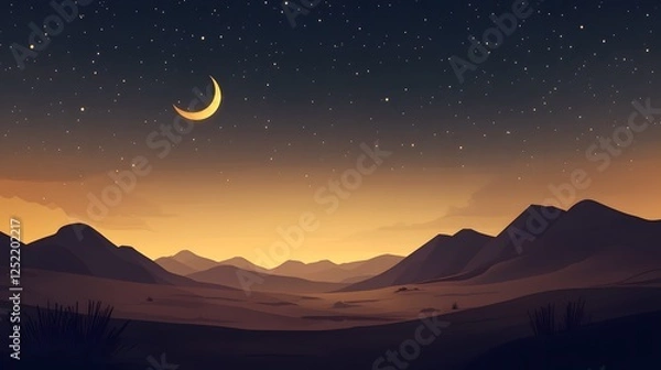 Fototapeta Crescent Moon over Desert Mountains at Night