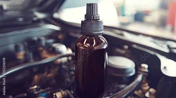 Fototapeta A bottle of coolant placed in a car's engine compartment ready to be used.