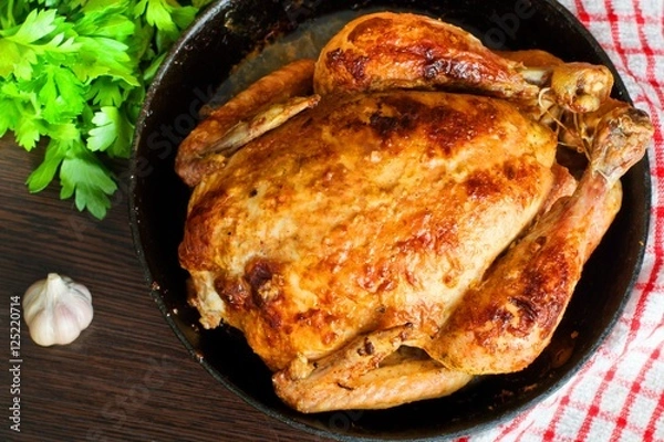 Obraz baked chicken,Style rustic.Top view, space for text.