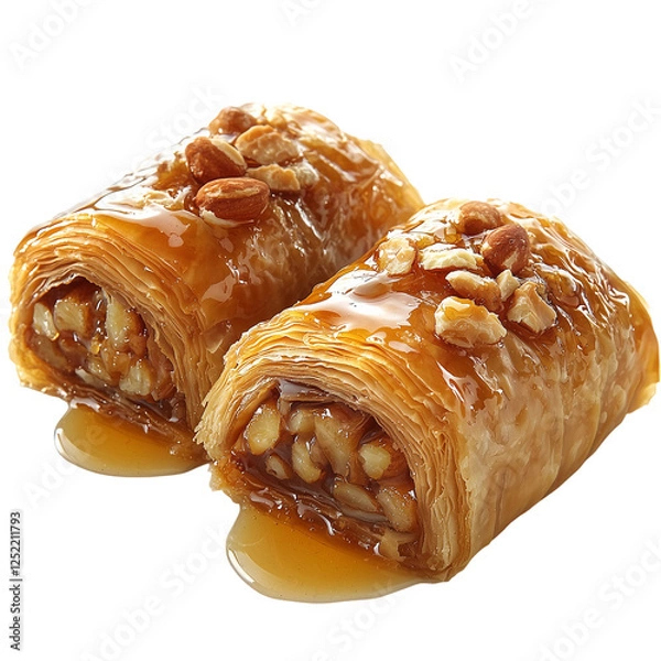 Fototapeta Nut-stuffed baklava rolls with honey drizzle, rich Ramadan dessert, isolated on transparent background, png