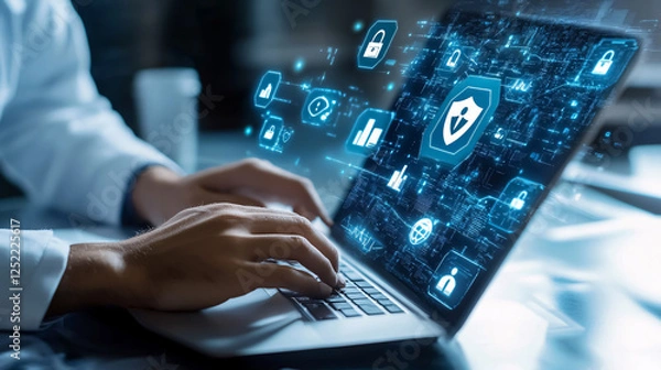 Fototapeta An insurance concept showcasing a businessman using a laptop surrounded by virtual icons for medical, health, life, and travel insurance services, emphasizing online security and privacy.