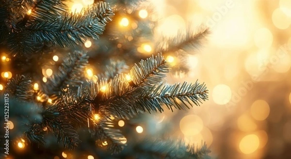 Fototapeta Close-up of Christmas Tree Branches with Soft Bokeh and Warm Lights