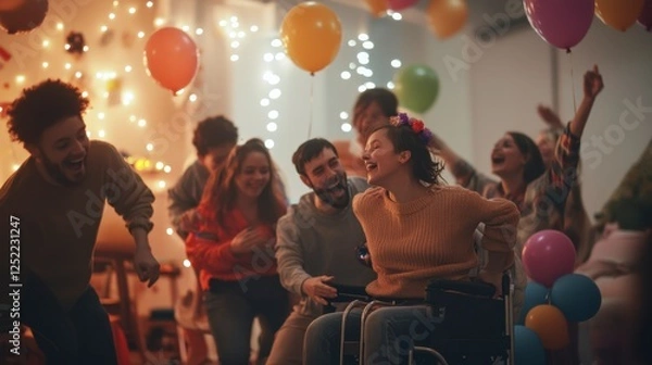 Fototapeta Diverse Group Celebrate Birthday, Disabled Girl in Wheelchair