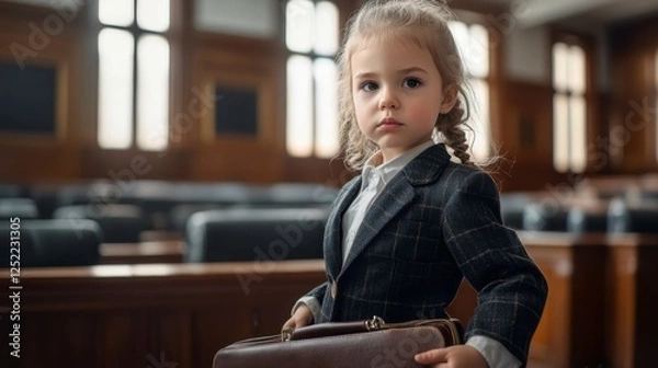 Fototapeta Serious Little Girl Lawyer Holding Briefcase in Courthouse, Confidence