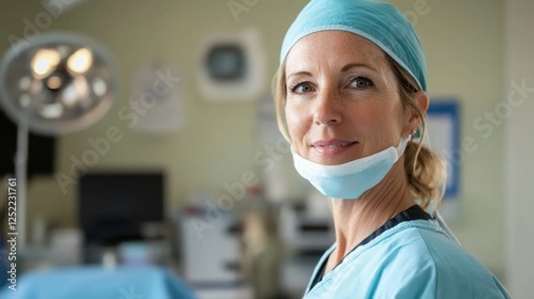 Fototapeta Smiling surgeon woman in operating room, medical expert