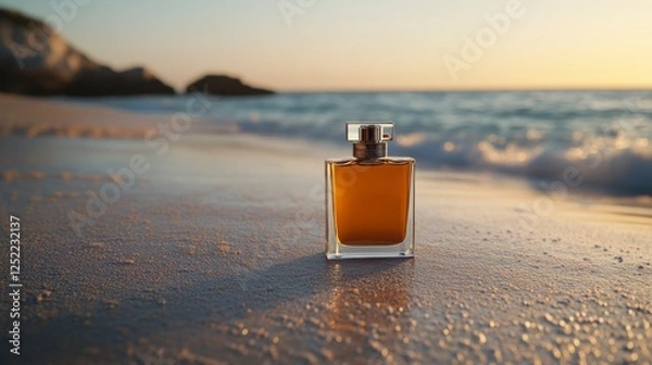 Fototapeta Perfume Bottle on Sandy Beach at Sunset - Golden Essence