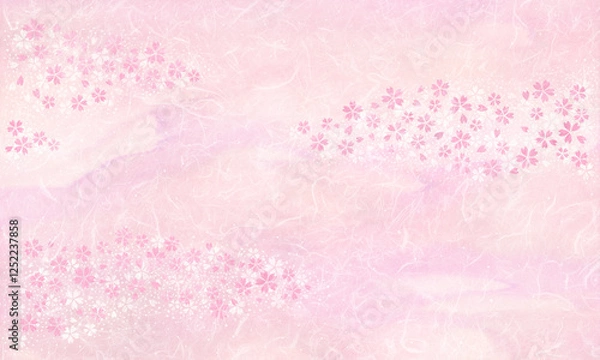 Fototapeta さくら色の和紙に桜の花が舞う、彩り流れる雅な背景