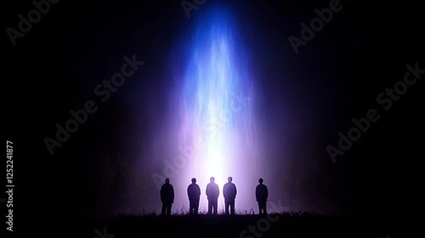 Fototapeta Five Silhouetted Figures Standing Before a Brilliant Vertical Light Beam in Darkness.