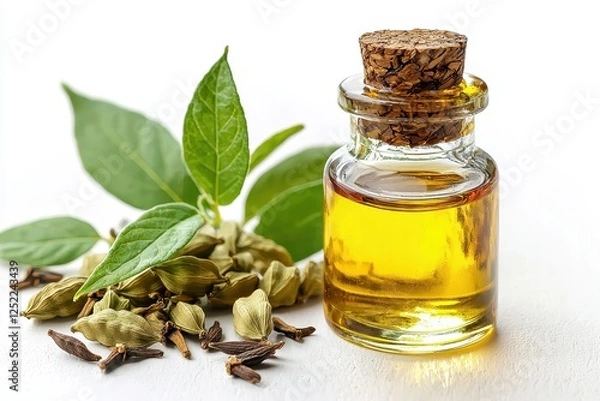 Obraz Aromatic Ingredients with Cardamom Oil in Decorative Bottle and Green Leaves