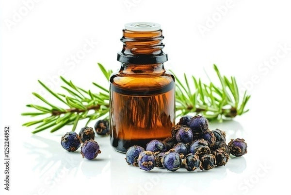 Obraz Amber Bottle of Essential Oil with Juniper Berries and Sprigs