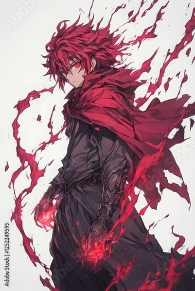Fototapeta A character with fiery red hair and a cloak, wielding magic in a dynamic pose.