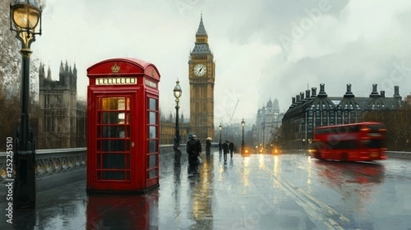 Fototapeta A rainy London scene featuring a red telephone booth and Big Ben in the background.