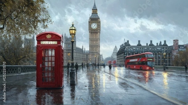 Fototapeta A rainy London scene featuring a red telephone booth, Big Ben, and a double-decker bus.