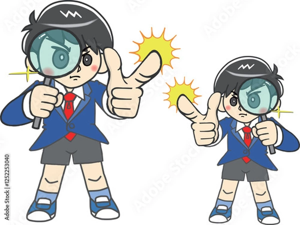 Obraz 虫眼鏡を構え問題解決し指差して指摘する賢い少年