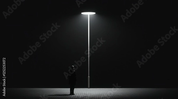 Fototapeta A solitary figure stands beneath a bright streetlamp in a dark environment.