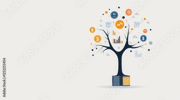 Fototapeta A stylized tree with financial icons representing growth and data analysis.