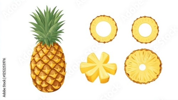 Fototapeta Fresh Pineapple with Sliced Fruit Illustrations on White Background