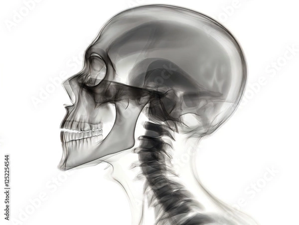 Fototapeta Abstract X-ray side view of a human skull with neck vertebrae on white background. High contrast grayscale digital illustration