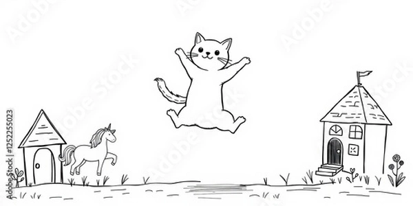 Obraz Children's doodles of kids playing and jumping, painted houses, unicorns, cute cats, and other black and white elements on a white background, jumping, black and white, vector illustration