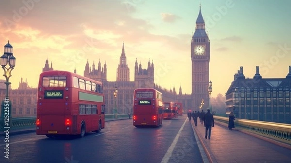 Obraz Red buses pass Big Ben in a scenic London view at sunset.