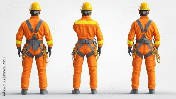 Fototapeta Three Industrial Workers in Orange Safety Suits and Helmets, Back View, 3D Render