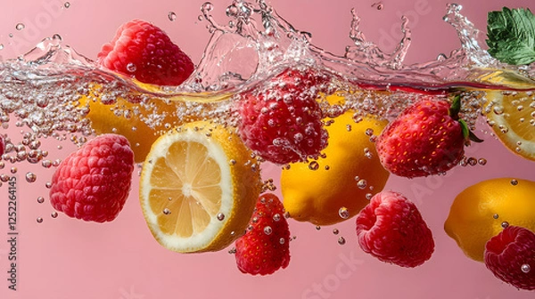 Obraz raspberries, strawberries, lemons and ginger falling into a yellow carbonated water, pink background with copy space 