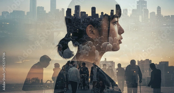 Obraz 未来を見据える若者・女性の横顔・少子高齢化社会・日本